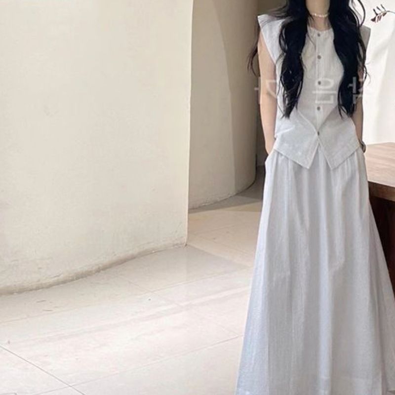 Korean Style Gentle Sleeveless Vest Shirt Summer New High-End Elegant Slimming A-Line Skirt Two-Piece Set_voghion.com