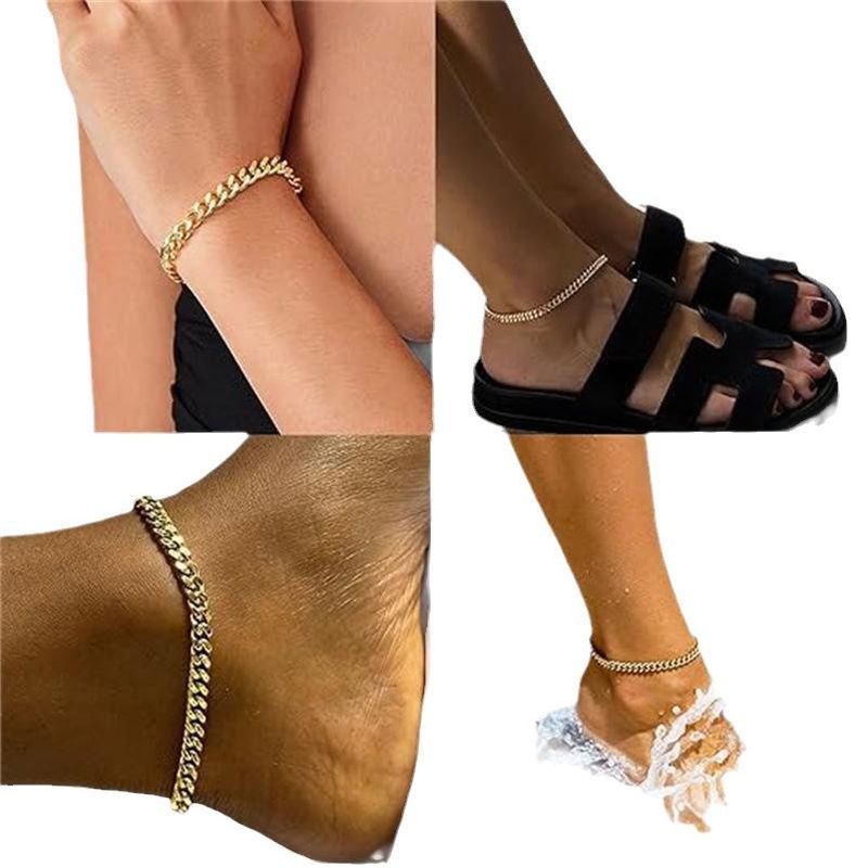 New Style Personality Jewelry Women's Gift Layered Double Layer Thick And Thin Cuban Chain Anklet_voghion.com