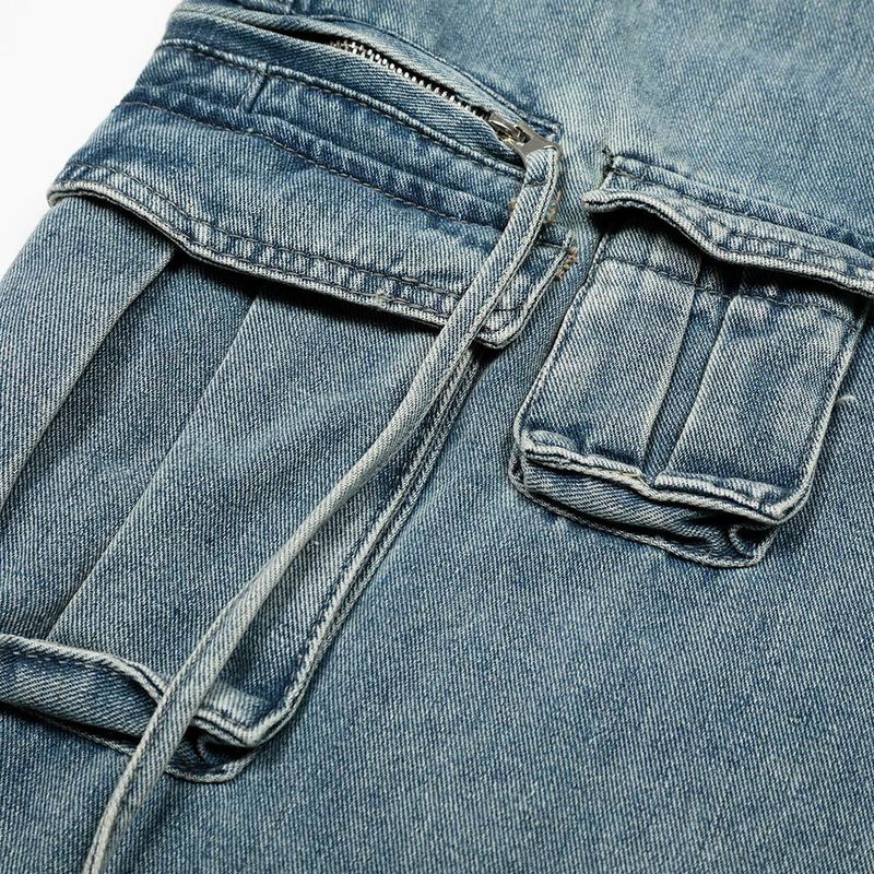 Pantaloni cargo larghi e dritti da uomo in denim multitasche American High Street, con design di nicchia, lavato e personalità_voghion.com