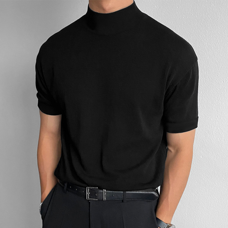 Maglietta a maniche corte con collo alto, tinta unita, da uomo, versione coreana, estate 2025_voghion.com