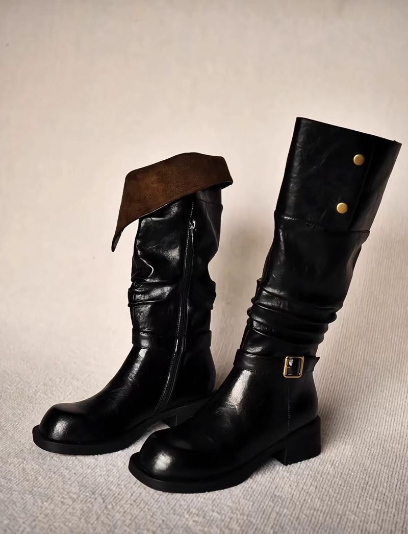 Rindslederversion ~ 2025 Winter neue dicke Sohlen Modestiefel Retro hohe Stiefel auf beiden Seiten, Gürtelschnalle Ritterstiefel, lange Stiefel_voghion.com
