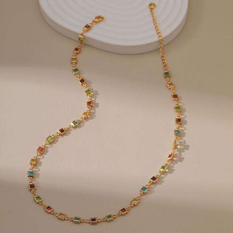 Yiwu Jewelry Square Colored Zircon Creative Niche Design Versatile Handmade Bead Genuine Gold Necklace_voghion.com