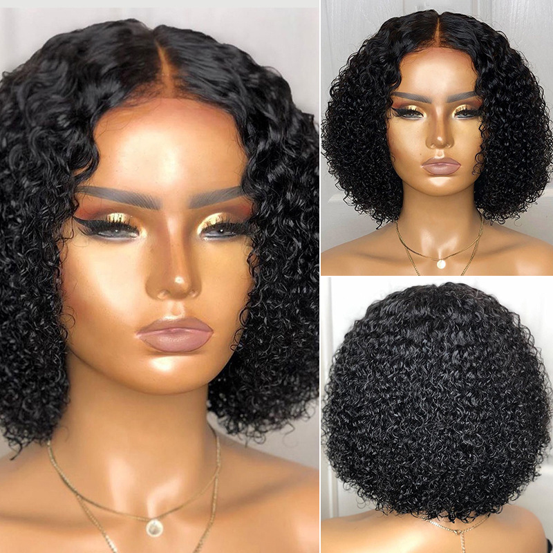 Set di parrucche sintetiche nere con spacco medio, capelli ricci corti, riccioli piccoli, fibra chimica ad alta temperatura_voghion.com