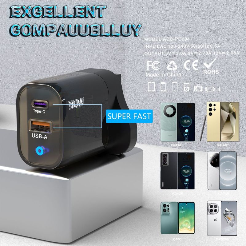 2024 30W transparentes Mobiltelefonladegerät TYPE-C + USB-Mehrfachladegerät Vollprotokoll brauner Schnellladekopf_voghion.com