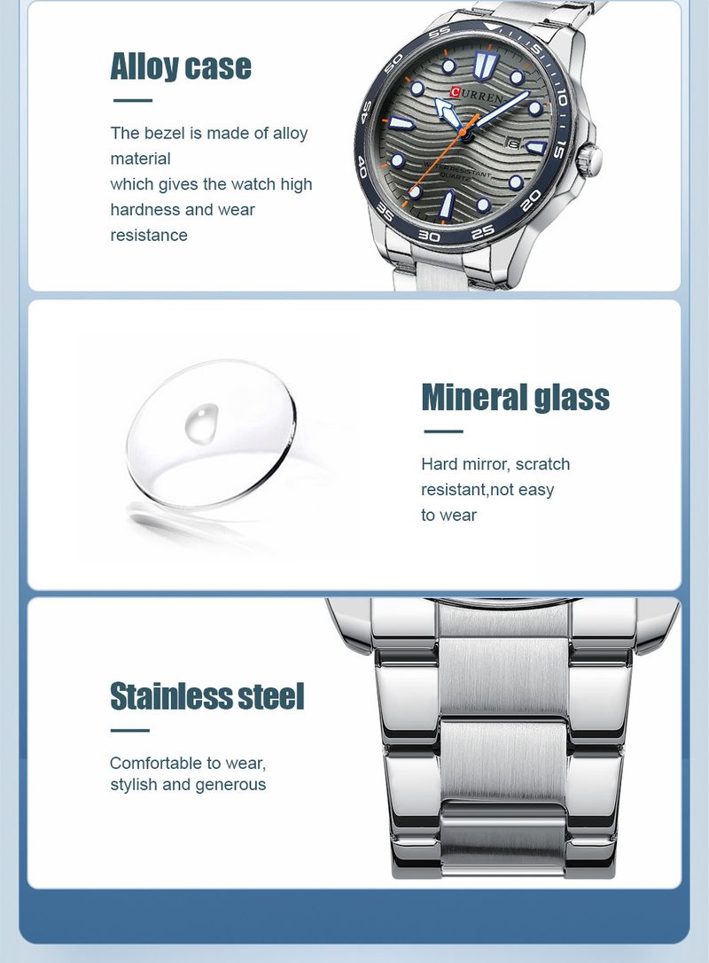 Lässige, wasserdichte Quarzuhr für Herren mit Datumsfunktion, rundem, großem Zifferblatt, Edelstahlarmband, Mineralglas, modische Armbanduhr für den Alltag_voghion.com