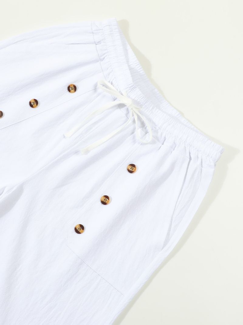 Pantaloncini estivi da uomo in cotone e lino, casual americani, larghi e dritti, con bottoni_voghion.com