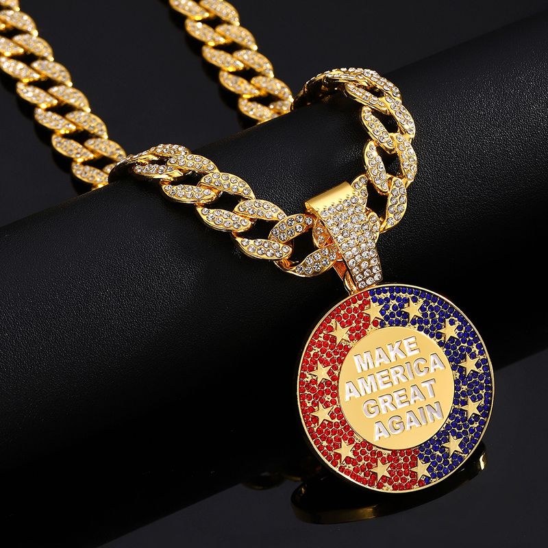 Collana con ciondolo in lega rotonda con lettera MAKE AMErica CREAT AGAIN e diamante pieno che gocciola olio_voghion.com