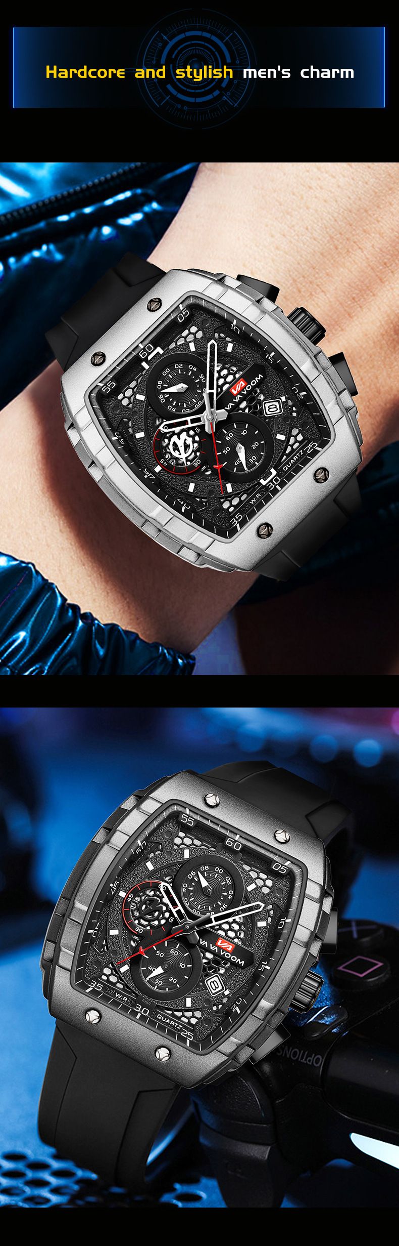 VA VA VOOM Men's Watches Multifunctional Fashion Business Waterproof Calendar Barrel Non Automatic Mechanical Watch_voghion.com