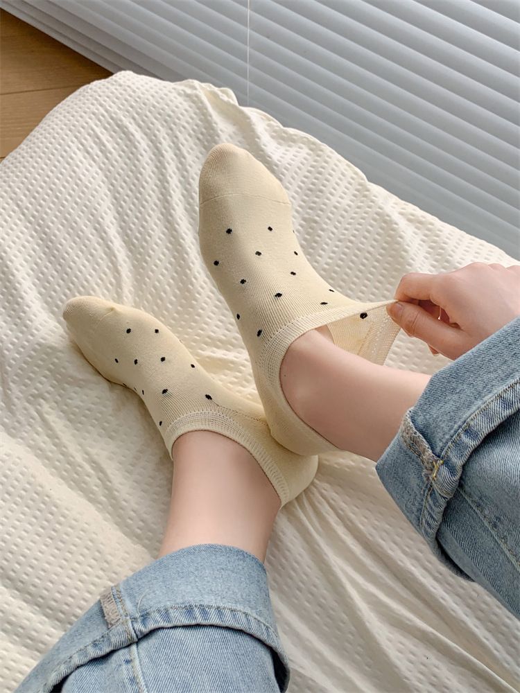 Calzini estivi da donna in cotone, traspiranti e assorbenti del sudore, calzini corti giapponesi a pois, calzini invisibili e poco profondi che non cadono_voghion.com