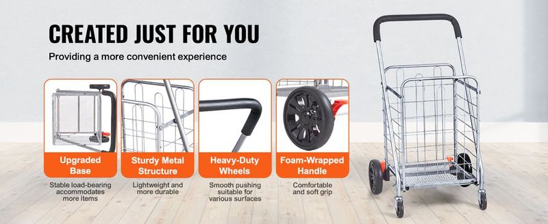 VEVOR Folding Shopping Cart, 66 Lbs Max Load Capacity, Grocery Utility Cart With Rolling Swivel Wheels, Heavy Duty Foldable Laundry Basket Trolley Compact Lightweight Collapsible For Luggage, Silver_voghion.com