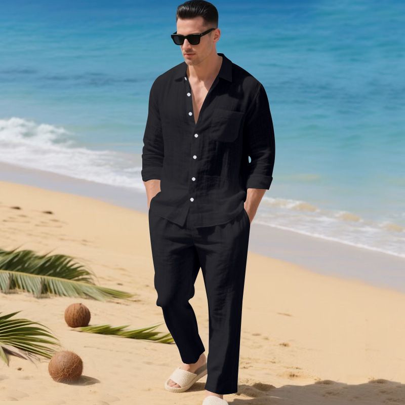 Set di pantaloni da spiaggia con risvolto semplice, camicia a maniche lunghe, tinta unita, stile europeo e americano, da uomo, stile autunnale, ampio e alla moda_voghion.com