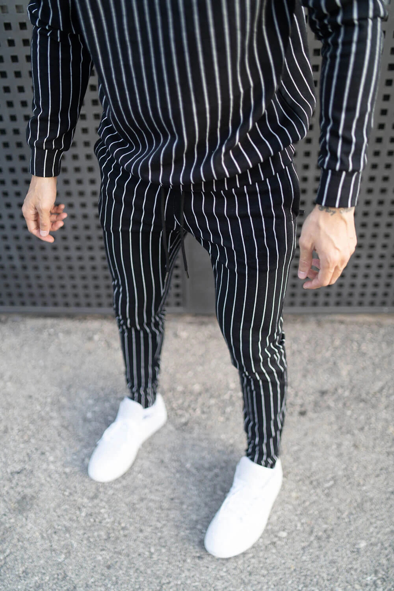 2024 New Spring and Autumn Stripe for Men's Fitness Running Long sleeved Sweater Slim Fit Pants Set_voghion.com