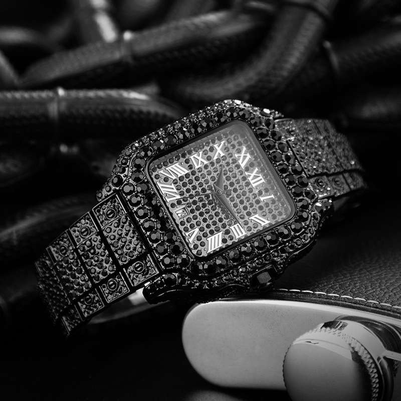Men's Fashion Square Watch With Full Diamond Accents, Roman Numerals, And Quartz Movement - Waterproof, Stainless Steel Band, Mineral Glass_voghion.com
