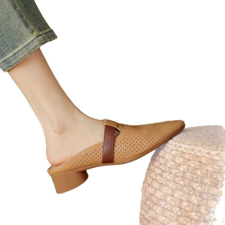 Französische atmungsaktive Hohltaschen-Halbpantoffeln für Damen, weiches Leder, runde Sandalen, faule Muller-Schuhe mit niedrigem Absatz_voghion.com