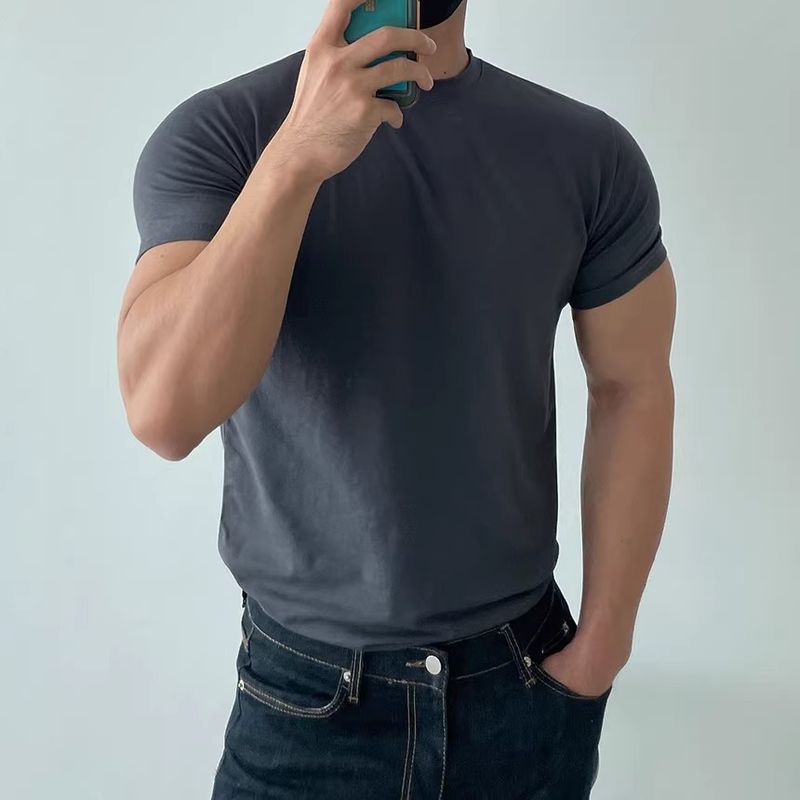 Herrenbekleidung Sommer-T-Shirt mit kleinem Ausschnitt Slim Fit Kurzarm Muskelanzug_voghion.com