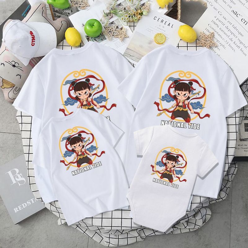Eltern-Kind-Kleidung T-Shirts Mutter-Kind-Kleidung Mutter-Tochter-Kleidung im chinesischen Stil Kurzarm Familie von drei oder vier_voghion.com