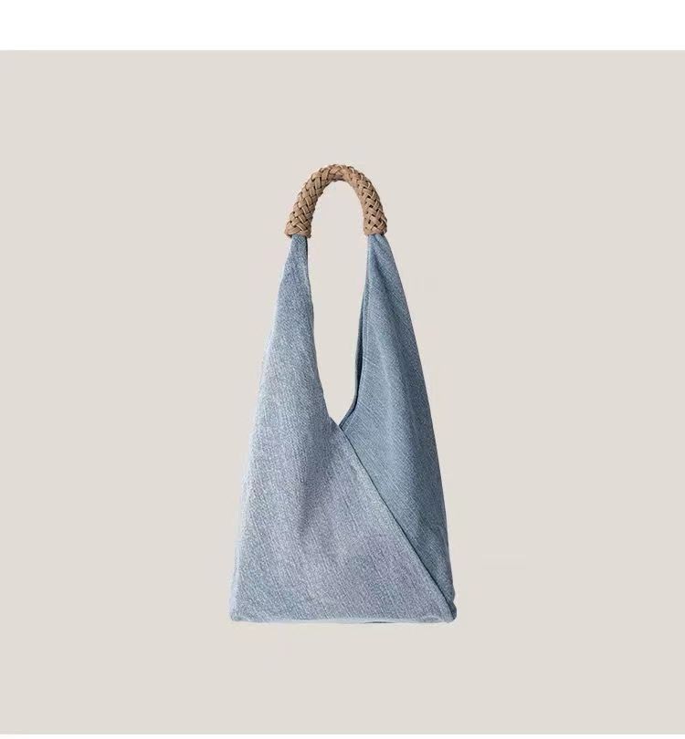 Borsa con manico da donna, design con texture in denim, borsa in tela, borsa tote monospalla da donna, borsa a mezzaluna_voghion.com