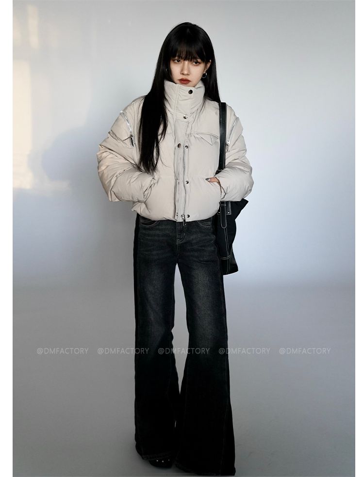 Daimao Gray Short Stand Collar White Duck Down Jacket For Women Winter Thickened Petite Puffer Coat_voghion.com