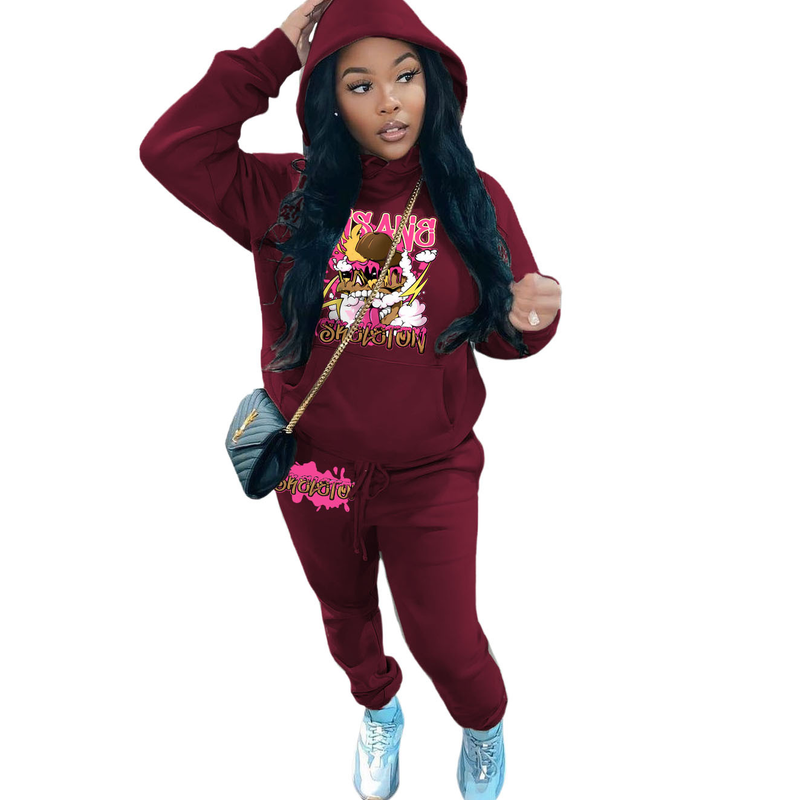 Tuta sportiva stampata casual da donna con felpa in pile con cappuccio in due pezzi_voghion.com