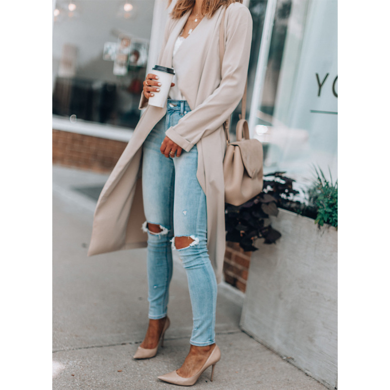 Abbigliamento da donna giacca a vento casual lunga autunno e inverno con risvolto tinta unita_voghion.com