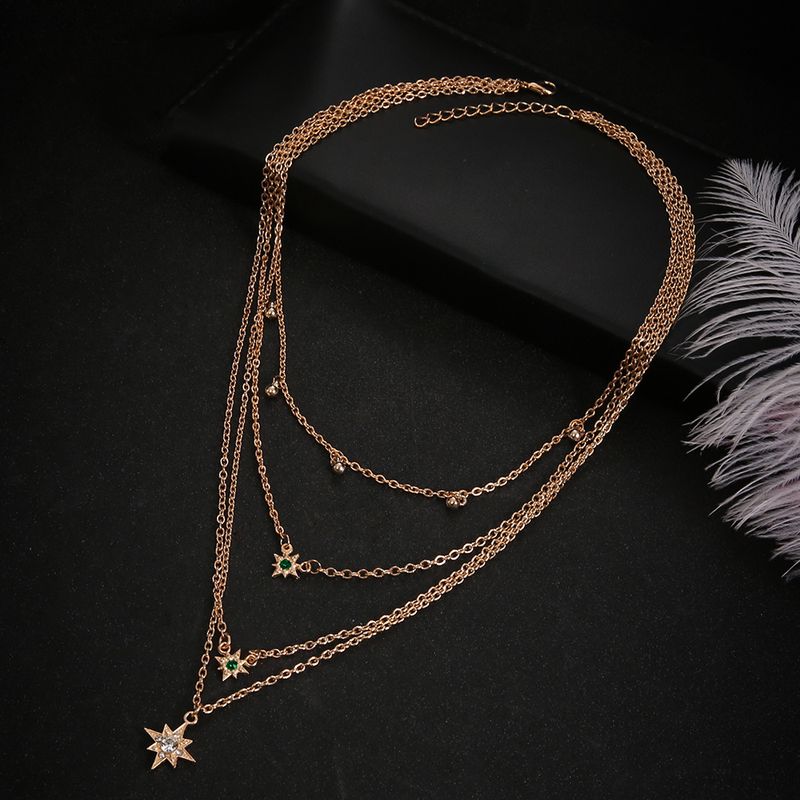 Collana con campanella solare multistrato placcata in oro, alla moda e personalizzata, con catena a clavicola per donna_voghion.com
