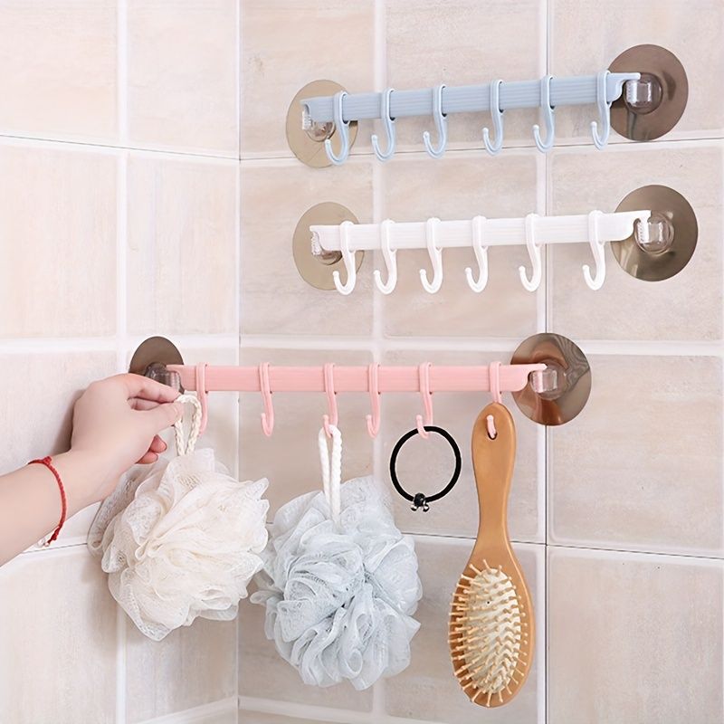 1PC Art Deco 6-Hook No-Drill Adhesive Towel Rack - Plastic Shower Caddy For Bathroom Organization - Perfect Housewarming Gift_voghion.com