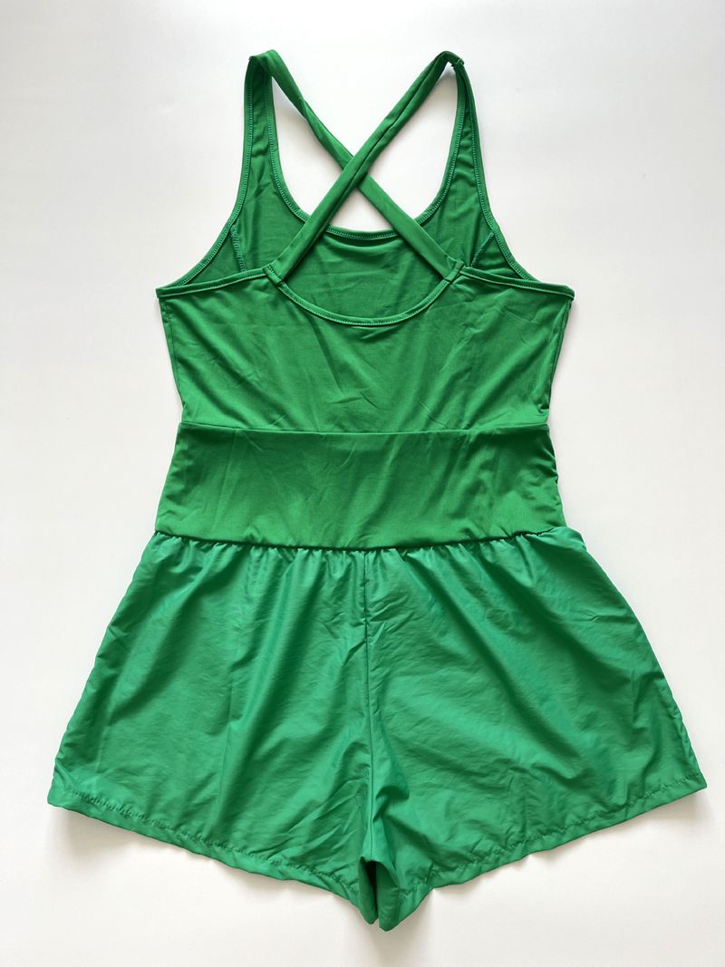 Tweedelige Illusion U-hals afslankende modieuze tanktop met aansluitende shorts, effen kleur, open rug, uitgeholde strakke romper voor dames_voghion.com