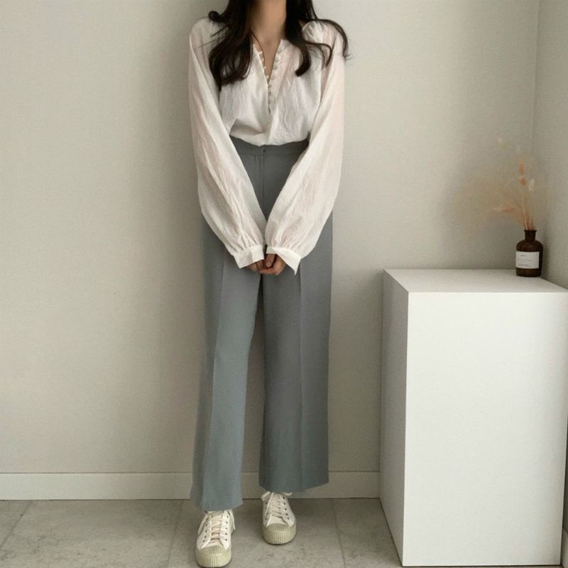 Camicia a maniche lunghe ampia e sottile con fibbia a conchiglia, girocollo semplice ed elegante coreana, per donna, 2024_voghion.com