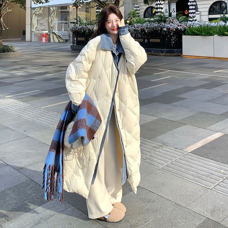 Giacca invernale lunga sopra il ginocchio da donna in due pezzi, stile coreano, trapuntata, ampia e calda, in piuma d'anatra bianca_voghion.com