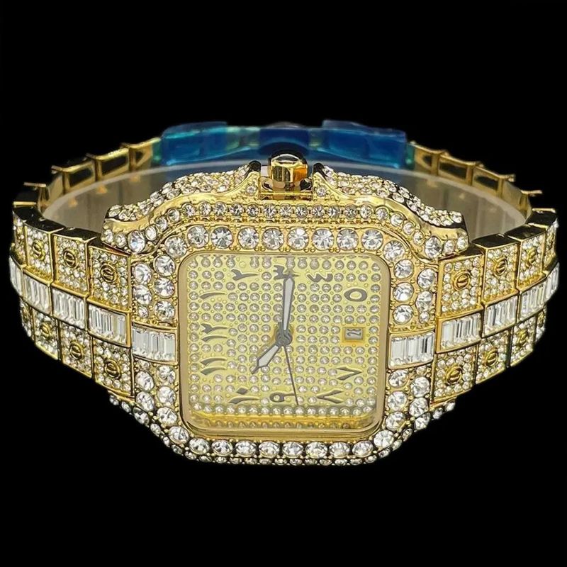 Men's Hip Hop Square Dial Quartz Watch With Full Diamond Accents And Arabic Numerals, 30M Water Resistant, Stainless Steel Case_voghion.com