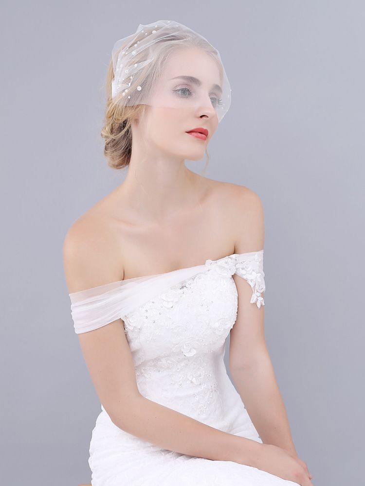 Voile de mariée unisexe en voile de mariée avec peigne à cheveux double orné de perles, voile de mariée en filet doux blanc_voghion.com