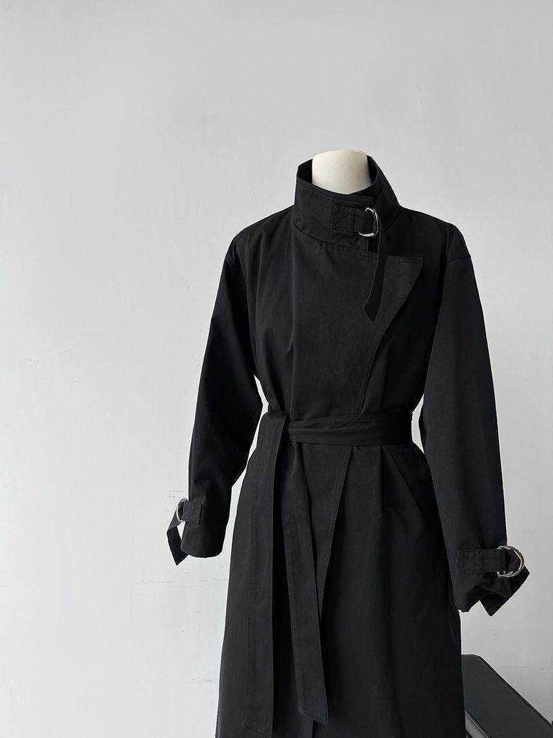 Elegant British-Style Long Trench Coat For Women – Minimalist & Luxurious Knee-Length Overcoat With Adjustable Belt, Pure Cotton, Black & Light Beige_voghion.com