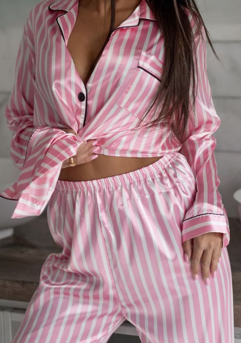 Women's Leopard Print & Pink Striped Viscose Long Sleeve Loungewear Set – Soft Button-Down Top & Long Pants, Comfortable Sleepwear For Home_voghion.com
