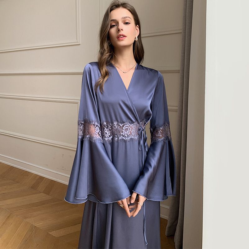 French Satin Pajamas Women's Thin Ice Silk Lace Splicing Backless Loungewear Casual_voghion.com