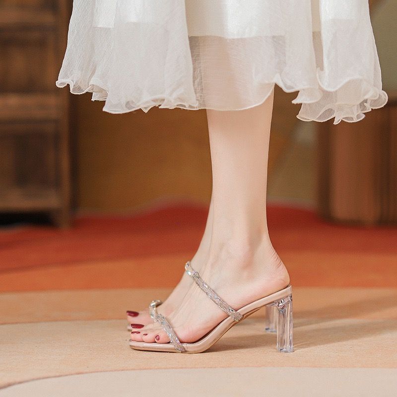 Sandalias para mujer (verano 2025), versátiles zapatillas de exterior, tacón de cristal con pedrería, sexys tacones altos color piel._voghion.com