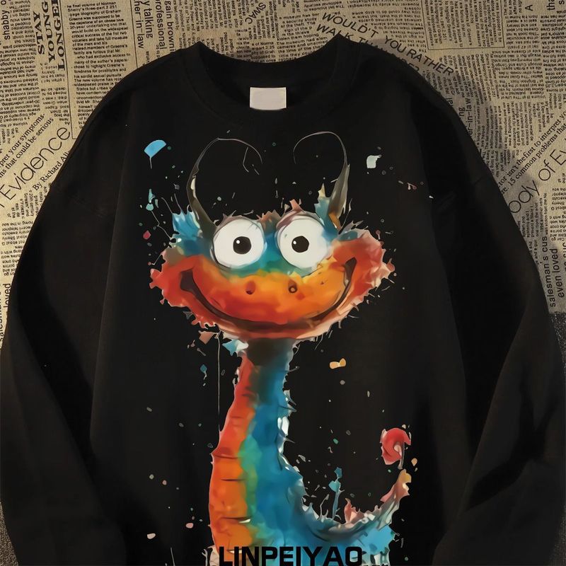 100% baumwolle Amerikanischen Trendy Marke Drachen Print Nische Crew Neck Sweatshirt Für Männer Frühling Herbst Lose Oversize Paar_voghion.com
