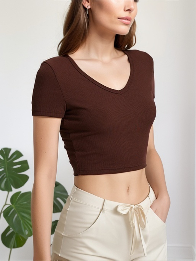 Top a maniche corte con scollo a V e fondo a costine in cotone sottile sexy da donna_voghion.com