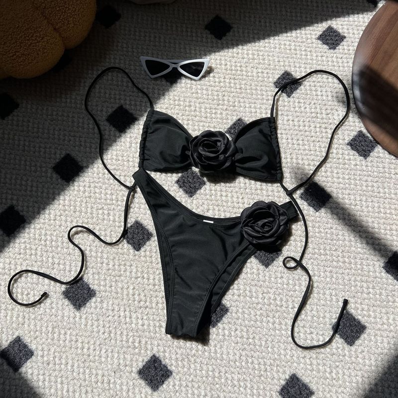 European And American Solid Color Rose Drawstring Split Swimsuit Bikini Bikini Cross Border Foreign Trade_voghion.com
