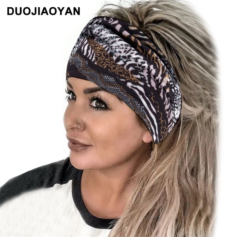 New Leopard Print Digital Printed Sports Headband with European and American Knotted Cross Wide Edge Elastic Headband for Women_voghion.com