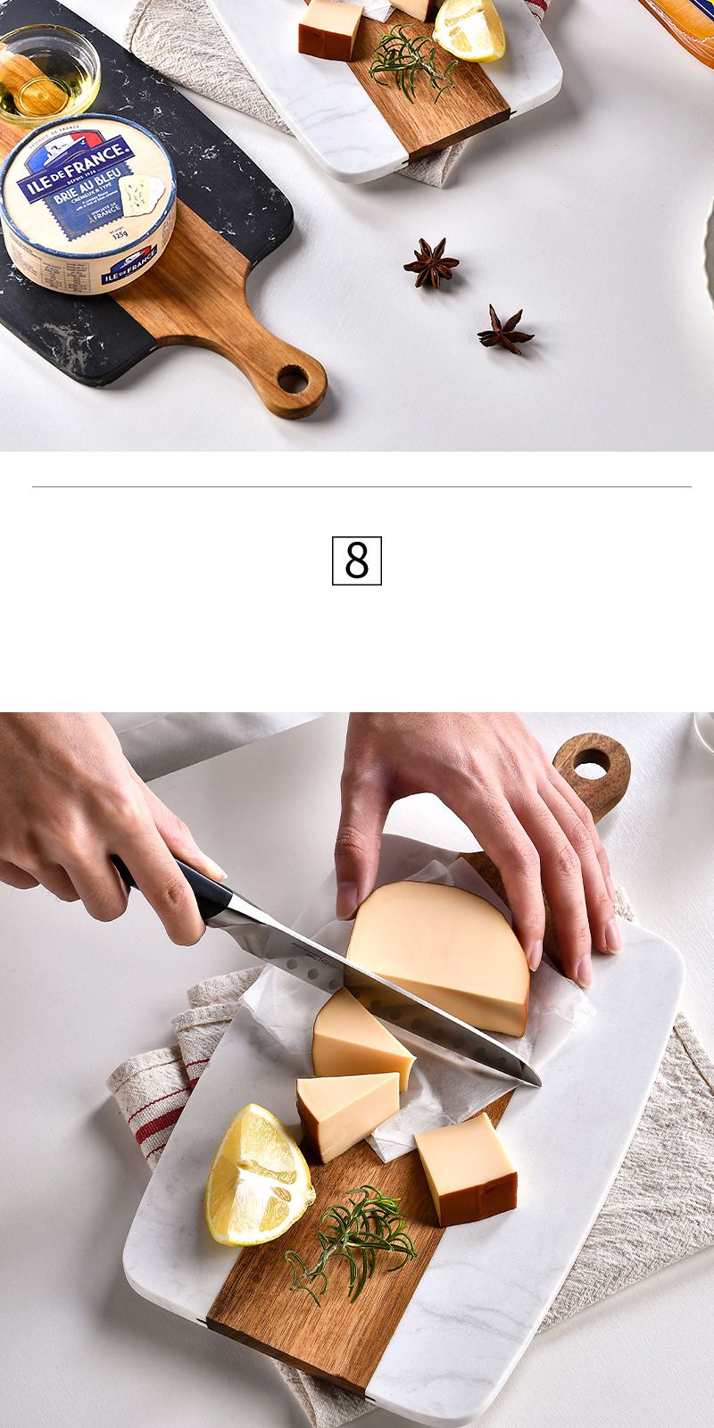 Tábua de Charcutaria Mármore Emenda Madeira de Acácia Tábua de Corte Dupla Face Tábua de Corte de Pão de Queijo Placa Utensílios de Cozinha ao Ar Livre_voghion.com