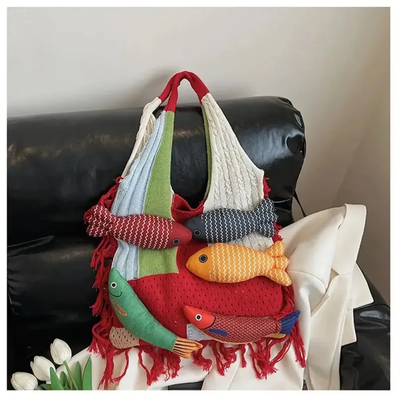 Gehäkelte Schultertasche aus Baumwolle mit Fischmotiv, großes Fassungsvermögen, durchbrochenes Webmuster, modische Tragetasche für den Sommer 250714_voghion.com