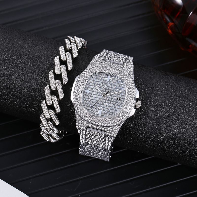2pcs/set watch bracelet set hip hop style large dial diamond steel watch + full diamond bracelet_voghion.com