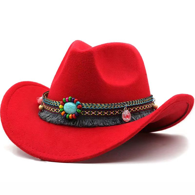 Enkel, opadvendt ulden jazz engelsk tophat, etnisk stil bælte, ensfarvet western cowboyhat_voghion.com