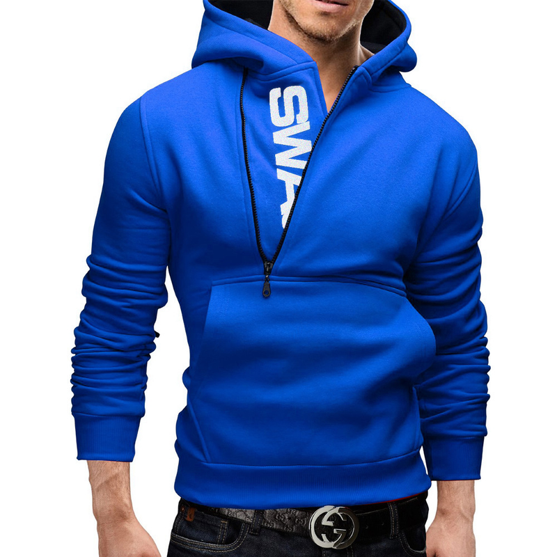 Pull en molleton à capuche pour hommes, fermeture éclair latérale, couleur contrastée_voghion.com