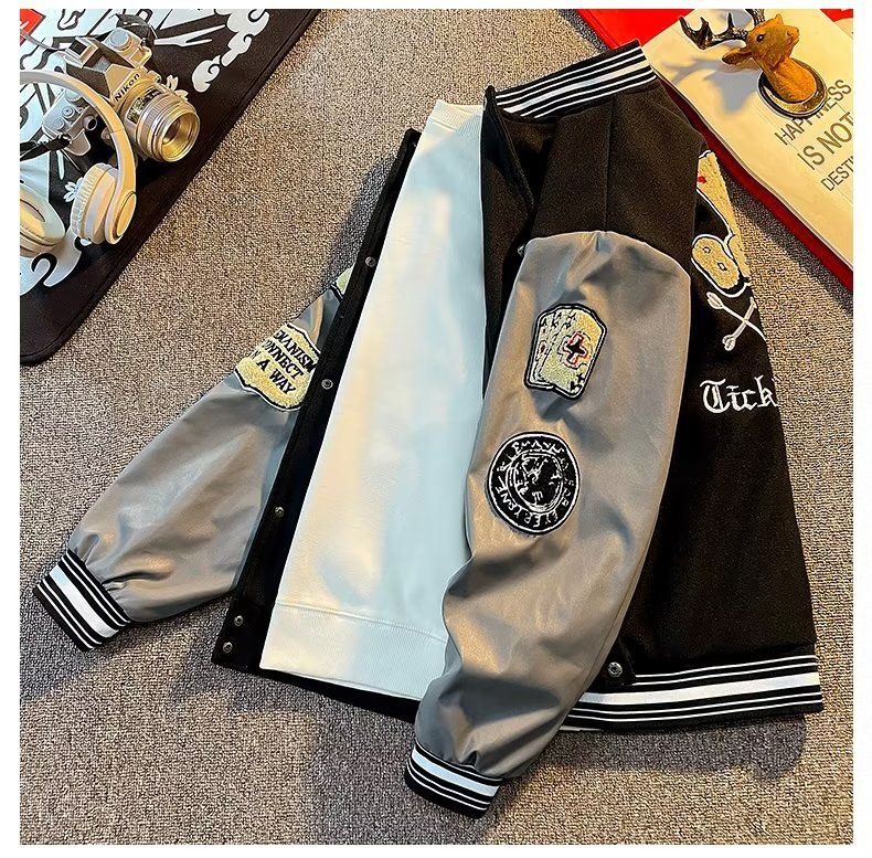 American Trendy Brand Baseballanzug 2023 Frühlings- und Herbstpaar Bestickte Jacke für Männer Street Loose Spliced Casual_voghion.com