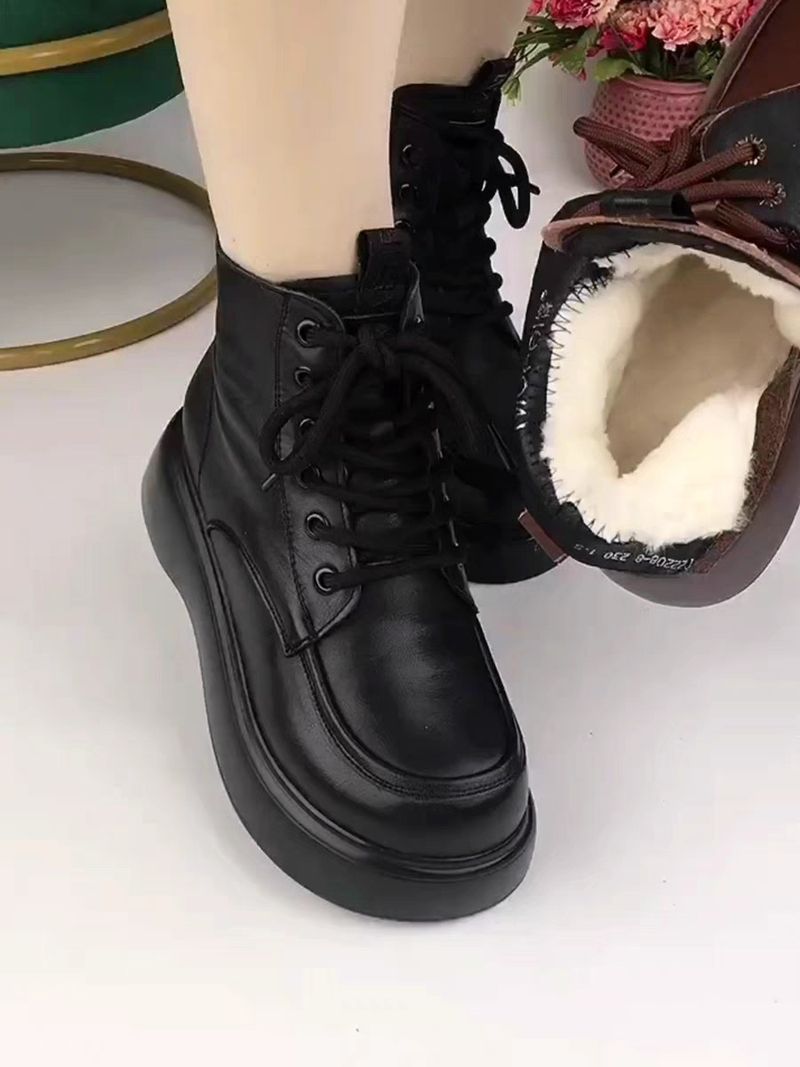 Weiche Leder-Schneestiefel für Damen, mit integriertem Lammfell gefütterte, dicke Martin-Kurzstiefel, wasserdicht und_voghion.com