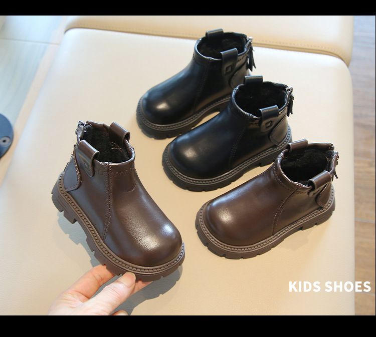 Girls' shoes, solid color short 2024 autumn new item, small and medium-sized children's back zipper cotton boots, baby_voghion.com