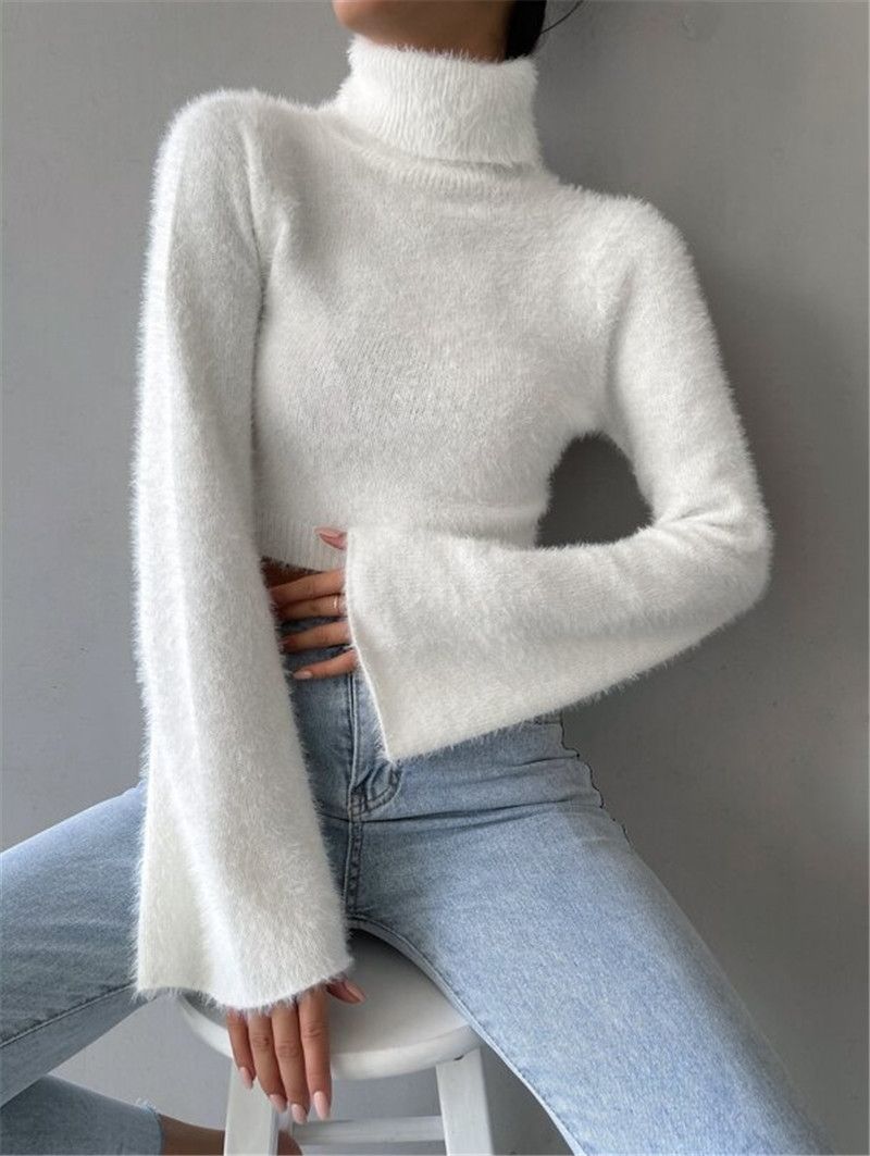 Women's Clothing Trendy Cropped Fuzzy High Neck Sweater For Women - Soft & Warm Winter Pullover, Streetwear Chic, White/Black, S/M/L_voghion.com