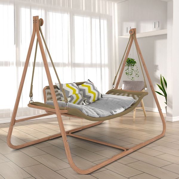 JESE Hammock Swing Chair With Stand For Indoor,Outdoor, Anti-Rust Wood-Colored Frame 570 Lbs Capacity With Cushion Oversized Double Hammock Chair Fo_voghion.com