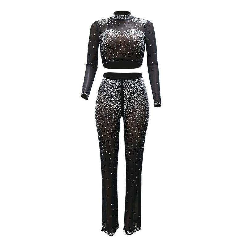 Abbigliamento da donna, abito da donna in due pezzi trasparente con diamanti caldi, top alla moda a maniche lunghe con scollo tondo e pantaloni slim_voghion.com